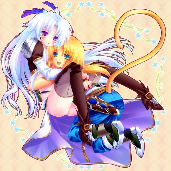 Anime picture 1024x1024 with final fantasy square enix zidane tribal kuja minatosaiga (artist) long hair blush open mouth blonde hair animal ears white hair animal tail otoko no ko multicolored eyes genderswap thighhighs boy black thighhighs feather (feathers)
