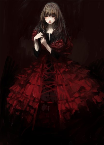 Anime picture 1183x1648 with original tsubu mikan single long hair tall image blush fringe simple background brown hair standing brown eyes looking away lipstick dark background red lipstick lolita fashion goth-loli brown background white skin gothic