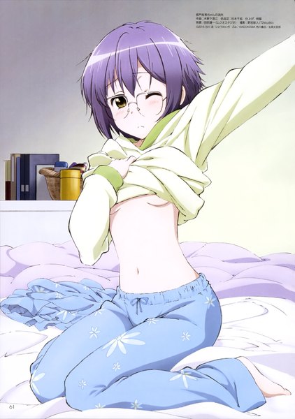 Anime picture 2886x4102 with suzumiya haruhi no yuutsu nagato yuki-chan no shoushitsu kyoto animation nagato yuki kinoshita sumie single tall image highres short hair light erotic brown eyes absurdres purple hair one eye closed wink official art girl navel glasses pajamas