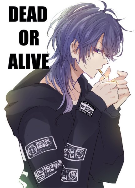 Anime picture 890x1240 with hypnosis mic arisugawa dice chiyo (zl1hl) single long hair tall image looking at viewer simple background white background purple eyes blue hair upper body profile text english smoking boy hood hoodie cigarette