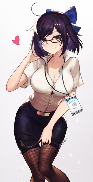 Anime picture 2145x4158 with virtual youtuber hololive a-chan (hololive) yuujin a (hololive) jun wei single tall image looking at viewer blush highres short hair breasts light erotic simple background smile large breasts standing green eyes cleavage purple hair