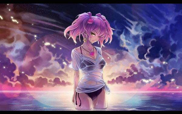 Anime picture 1000x625 with idolmaster idolmaster cinderella girls jougasaki mika sogdin blush short hair twintails yellow eyes sky purple hair cloud (clouds) short twintails letterboxed wet clothes girl bow swimsuit hair bow bikini sea