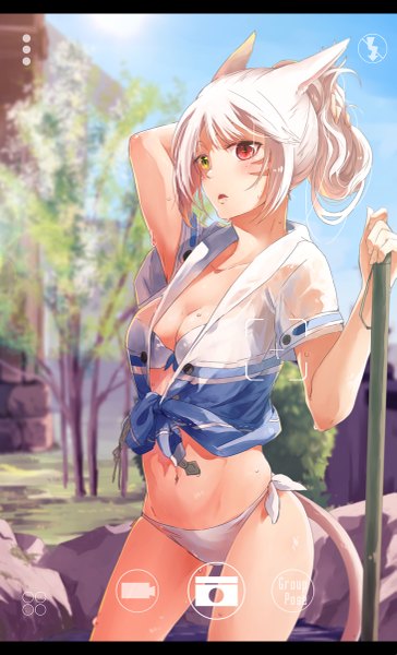 Anime picture 729x1200 with final fantasy final fantasy xiv square enix miqo'te lili mdoki single long hair tall image blush breasts light erotic standing holding animal ears cleavage white hair tail animal tail sunlight cat ears