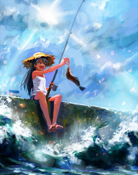 Anime picture 1300x1645 with idolmaster ganaha hibiki attall single long hair tall image highres open mouth blue eyes black hair smile sky cloud (clouds) ponytail barefoot sunlight bare legs girl hat shorts