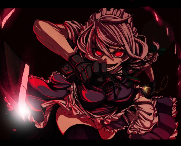 Anime picture 1091x882 with touhou izayoi sakuya yuha (yh-krm) open mouth red eyes silver hair glowing glowing eye (eyes) girl thighhighs gloves headdress maid headdress