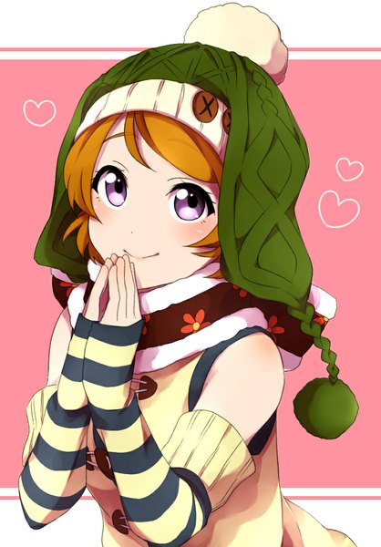 Anime picture 800x1148 with love live! school idol project sunrise (studio) love live! koizumi hanayo sekina single tall image blush short hair smile purple eyes bare shoulders orange hair looking up pink background girl detached sleeves heart scarf cap