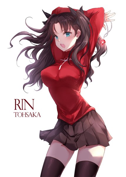 Anime picture 777x1087 with fate (series) fate/stay night toosaka rin asle single long hair tall image looking at viewer blush open mouth blue eyes black hair girl thighhighs skirt bow black thighhighs hair bow