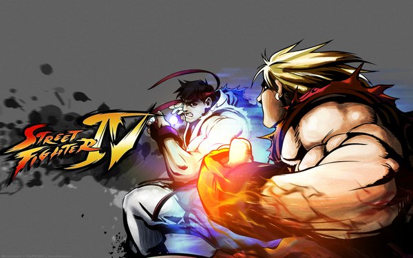 Anime picture 1920x1200 with street fighter capcom ryu (street fighter) ken masters highres short hair black hair blonde hair wide image muscle battle boy gloves headband ink ki