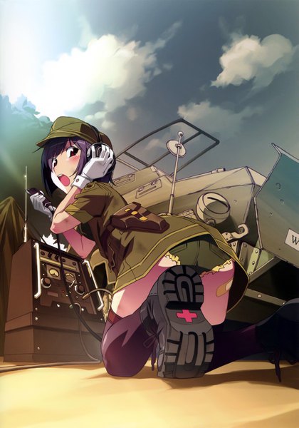 Anime-Bild 1990x2842 mit el alamein (card game) watanabe akio single tall image looking at viewer blush highres short hair open mouth light erotic purple eyes sky purple hair cloud (clouds) outdoors looking back from behind sunlight teeth shadow