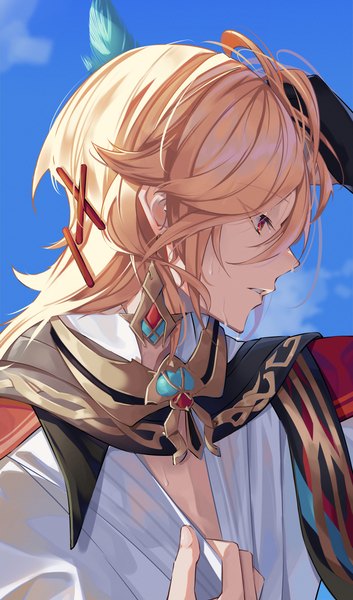 Anime picture 3140x5333 with genshin impact kaveh (genshin impact) suzu (user kdex8732) single long hair tall image highres blonde hair red eyes looking away absurdres sky upper body profile sweat hand on head heat boy hair ornament bobby pin