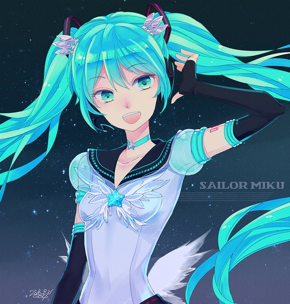 Anime picture 973x1020 with bishoujo senshi sailor moon vocaloid toei animation hatsune miku saki (hxaxcxk) single long hair tall image fringe open mouth hair between eyes twintails signed looking away upper body arm up aqua eyes aqua hair tattoo character names