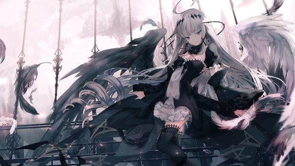 Anime-Bild 1294x729 mit original cierra (ra-bit) single looking at viewer fringe breasts blue eyes wide image standing cleavage ahoge blunt bangs very long hair grey hair floating hair black wings white wings gothic girl thighhighs