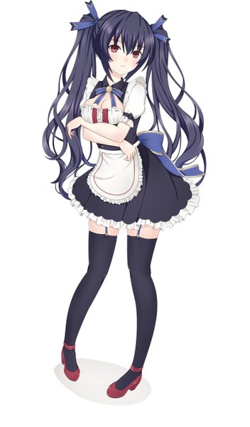 Anime picture 1534x2609 with choujigen game neptune noire harami single long hair tall image looking at viewer blush fringe black hair simple background hair between eyes red eyes standing white background twintails payot full body short sleeves maid