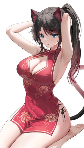 Anime picture 4000x7000 with original lillly single long hair tall image looking at viewer fringe highres breasts blue eyes light erotic black hair simple background hair between eyes large breasts white background sitting animal ears payot absurdres