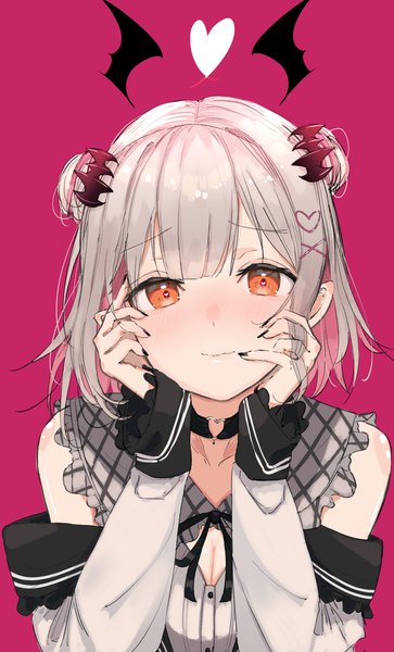 Anime picture 2300x3800 with virtual youtuber honey strap suou patra ogura tubuan single tall image looking at viewer blush fringe highres short hair simple background smile red eyes silver hair upper body blunt bangs long sleeves nail polish hair bun (hair buns)