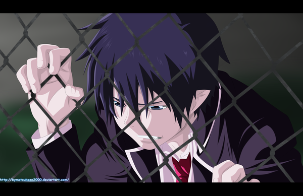 Anime picture 2900x1882 with ao no exorcist a-1 pictures okumura rin the-danstyle-art single highres short hair purple hair pointy ears grey eyes grin coloring boy necktie suit