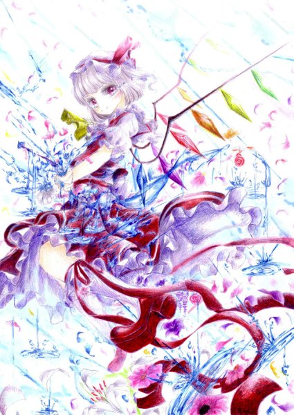 Anime picture 1133x1600 with touhou flandre scarlet darkkanan single tall image looking at viewer blush fringe short hair red eyes silver hair blunt bangs tears one side up traditional media colored pencil (medium) girl flower (flowers) ribbon (ribbons) petals