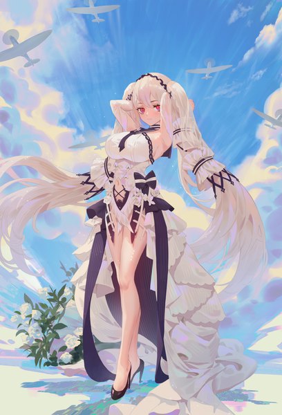 Anime picture 3685x5418 with azur lane formidable (azur lane) formidable (timeless classics) (azur lane) cirilla single tall image looking at viewer blush fringe highres breasts hair between eyes red eyes large breasts standing twintails payot absurdres sky silver hair