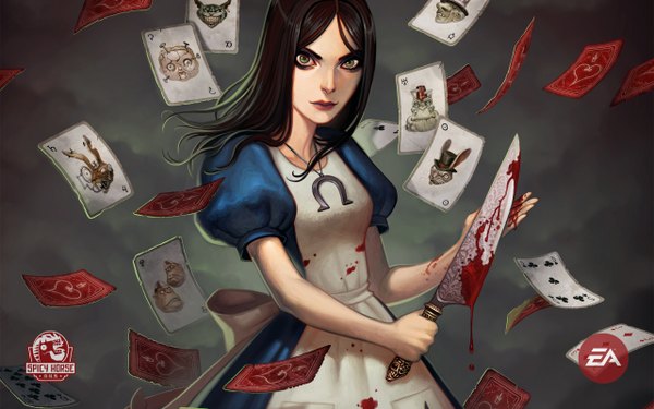 Anime picture 2560x1600 with american mcgee's alice (game) alice (american mcgee's) single highres black hair wide image green eyes girl weapon blood apron knife card (cards)