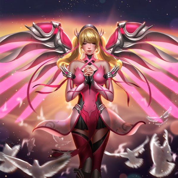 Anime picture 8000x8000 with overwatch blizzard entertainment mercy (overwatch) pink mercy liang xing single long hair fringe highres light erotic blonde hair standing twintails bare shoulders absurdres eyes closed nail polish lips sunlight blurry