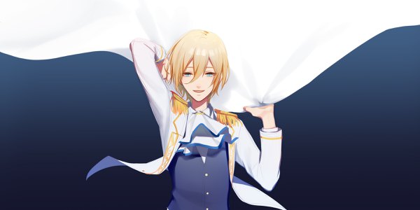 Anime picture 2400x1200 with ensemble stars! tenshouin eichi asd13 single looking at viewer fringe highres short hair blue eyes blonde hair simple background hair between eyes wide image upper body dark background boy epaulettes