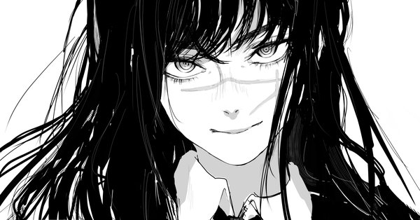 Anime picture 1527x800 with chainsaw man mappa mitaka asa yoru (chainsaw man) inoitoh single long hair looking at viewer fringe simple background wide image white background monochrome portrait scar girl