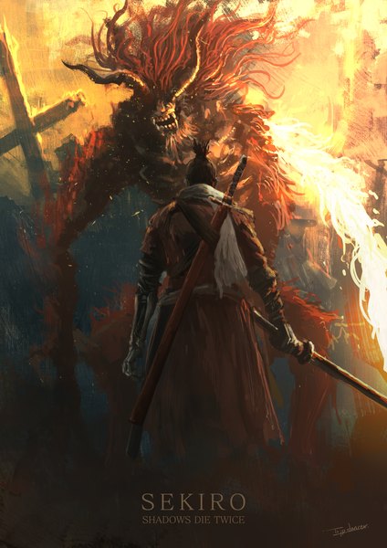 Anime-Bild 1240x1754 mit sekiro: shadows die twice from software sekiro demon of hatred tripdancer tall image short hair black hair standing holding signed ponytail red hair horn (horns) from behind multiple boys copyright name fighting stance demon boy