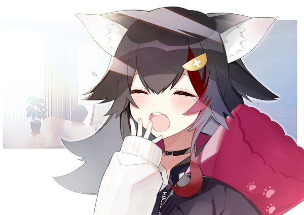 Anime picture 4092x2893 with virtual youtuber hololive ookami mio uehara (dormmmmir ) single long hair highres open mouth black hair animal ears absurdres upper body eyes closed long sleeves multicolored hair teeth streaked hair sleeves past wrists wolf ears yawn