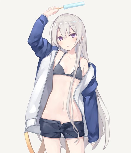 Anime picture 1000x1170 with original poco (asahi age) single long hair tall image blush fringe breasts light erotic simple background hair between eyes standing purple eyes holding arm up grey hair off shoulder open jacket bare belly open shorts