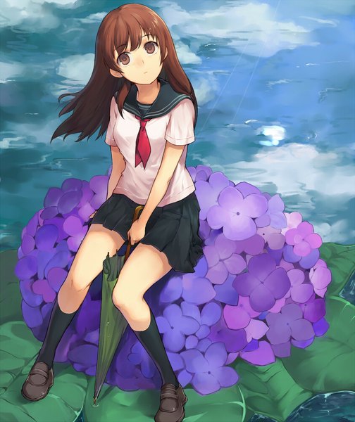 Anime picture 840x1000 with original aki (mare desiderii) single long hair tall image looking at viewer fringe brown hair sitting brown eyes cloud (clouds) pleated skirt from above wind closed umbrella girl skirt uniform flower (flowers) water