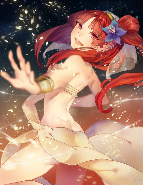 Anime picture 900x1160 with magi the labyrinth of magic a-1 pictures morgiana gunni single tall image looking at viewer fringe short hair open mouth red eyes signed red hair hair flower one side up spread arms girl hair ornament flower (flowers) bracelet