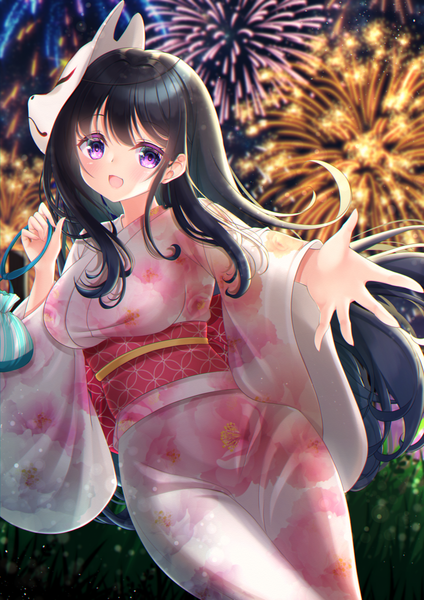 Anime picture 1414x2000 with original mirai (happy-floral) single long hair tall image looking at viewer blush open mouth black hair purple eyes outdoors traditional clothes :d japanese clothes floral print outstretched hand mask on head fireworks girl obi