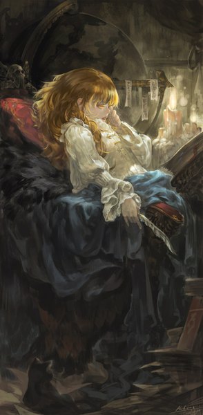 Anime picture 806x1644 with original pixiv fantasia pixiv fantasia sword regalia alcd single long hair tall image blonde hair sitting orange eyes girl dress animal pillow book (books) cat feather (feathers) skull paper candle (candles)