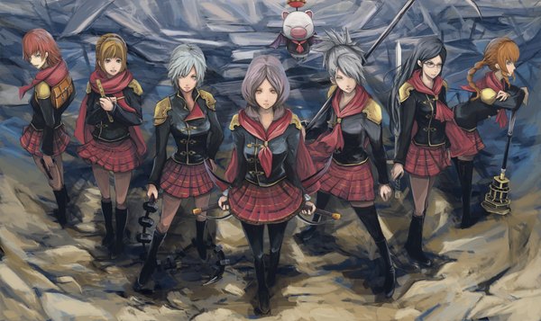 Anime picture 1950x1162 with final fantasy final fantasy xiii final fantasy type-0 square enix moogle duece (fft-0) queen (fft-0) rem tokimiya cinque (final fantasy) cater seven (final fantasy) sice ripu (vincecarter) long hair fringe highres short hair black hair smile brown hair