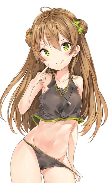 Anime picture 1000x1666 with girls frontline rfb (girls frontline) silver (chenwen) single long hair tall image looking at viewer blush fringe light erotic simple background smile hair between eyes brown hair standing white background bare shoulders green eyes head tilt hair bun (hair buns)