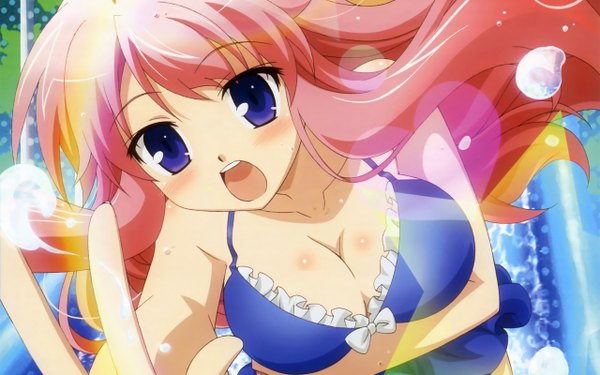 Anime picture 2560x1600 with baka to test to shoukanjuu silver link himeji mizuki single long hair looking at viewer blush highres breasts open mouth blue eyes light erotic wide image pink hair girl swimsuit bikini water