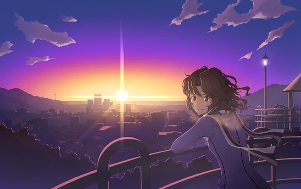 Anime picture 1270x800 with amagami tanamachi kaoru gebo (artist) single brown hair brown eyes cloud (clouds) city evening sunset cityscape landscape scenic curly hair girl scarf lantern lamppost