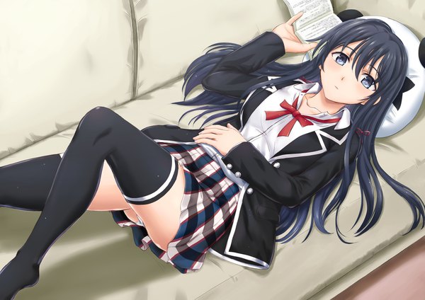 Anime picture 2339x1654 with yahari ore no seishun love comedy wa machigatteiru. brains base (studio) yukinoshita yukino inanaki shiki single long hair looking at viewer highres blue eyes light erotic black hair lying girl thighhighs skirt uniform black thighhighs school uniform couch