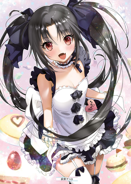 Anime picture 1451x2048 with alice or alice kisaki (alice or alice) yanyo (ogino atsuki) single long hair tall image looking at viewer blush fringe open mouth light erotic black hair smile hair between eyes red eyes standing twintails holding signed cleavage