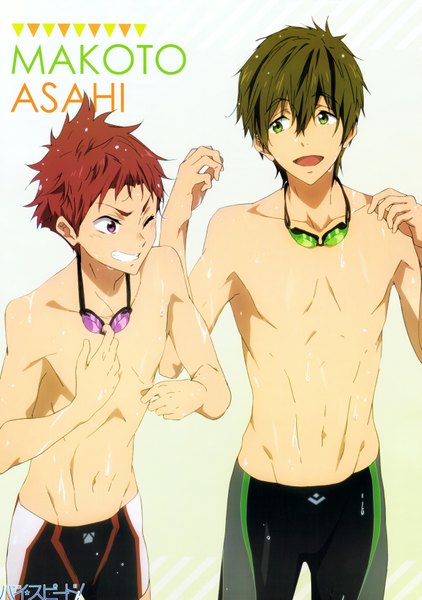 Anime picture 4745x6748 with free! high speed! kyoto animation tachibana makoto shiina asahi yamaguchi taira tall image fringe highres short hair open mouth light erotic simple background hair between eyes brown hair purple eyes green eyes looking away absurdres red hair