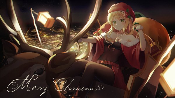 Anime picture 1693x952 with original hyonee single long hair blush blonde hair wide image sitting bare shoulders green eyes looking away night christmas flying city lights merry christmas girl hat animal pantyhose
