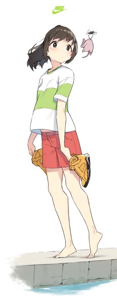 Anime picture 1346x3490 with spirited away studio ghibli nike air jordan ogino chihiro boh cloba single tall image short hair simple background brown hair standing white background barefoot girl shoes shorts t-shirt sneakers