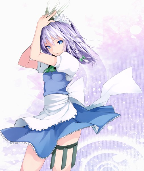 Anime picture 3000x3545 with touhou izayoi sakuya settyaro single tall image highres short hair blue eyes purple hair braid (braids) maid twin braids girl bow hair bow headdress maid headdress apron knife