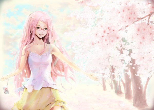 Anime picture 1200x858 with original pink hair cherry blossoms girl skirt plant (plants) petals tree (trees) glasses camera