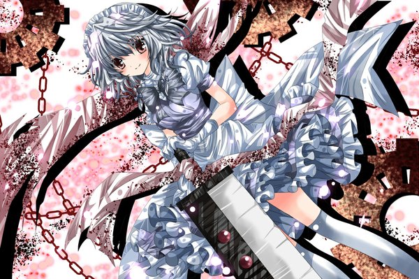 Anime picture 1000x666 with touhou izayoi sakuya nanase nao single blush short hair brown eyes silver hair girl thighhighs gloves weapon white thighhighs sword headdress maid headdress chain gears