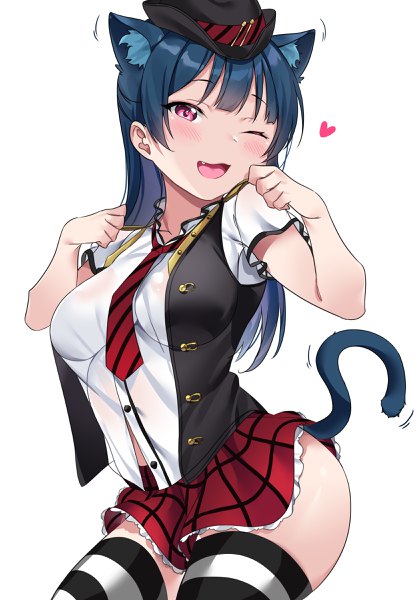 Anime picture 1675x2400 with love live! sunshine!! sunrise (studio) love live! tsushima yoshiko tem10 single long hair tall image looking at viewer blush fringe breasts open mouth light erotic simple background smile standing white background animal ears blue hair