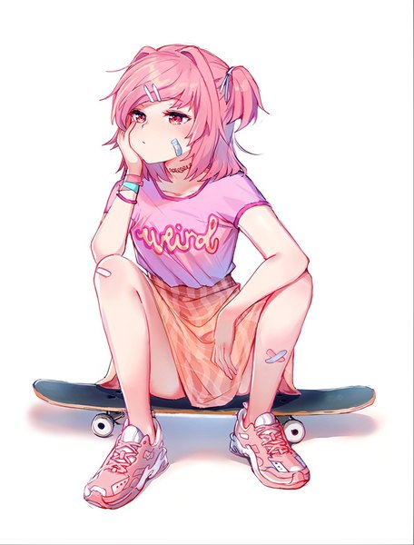 Anime picture 1200x1578 with doki doki literature club natsuki (doki doki literature club) satchely single tall image blush short hair light erotic simple background white background sitting looking away pink hair full body bent knee (knees) pink eyes official art shadow short sleeves one side up
