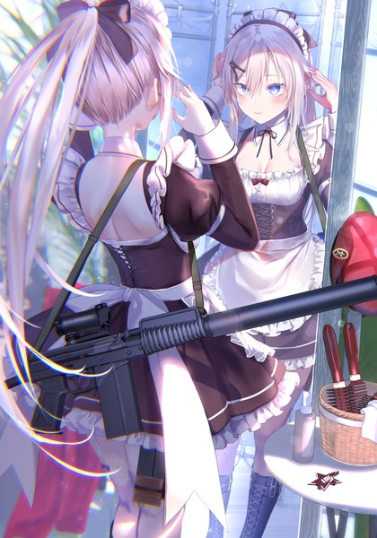 Anime-Bild 1400x2000 mit girls frontline 9a-91 (girls frontline) pottsness single long hair tall image blush fringe breasts blue eyes smile hair between eyes standing payot looking away silver hair ponytail indoors from behind arms up