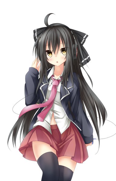 Anime picture 1749x2735 with original chabaneko single long hair tall image looking at viewer blush highres black hair simple background white background yellow eyes ahoge girl skirt uniform bow hair bow school uniform miniskirt