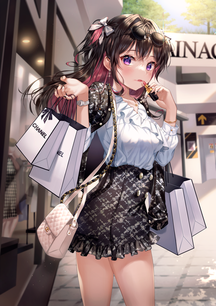 Anime picture 4444x6287 with original chanel aina 156cm single long hair tall image looking at viewer blush fringe highres black hair hair between eyes standing purple eyes holding payot absurdres outdoors nail polish multicolored hair